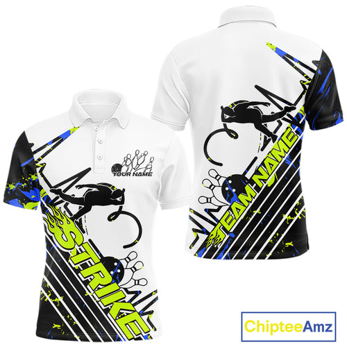 Custom Blue And Green Camo Strike Bowling Polo Shirt For Men, Bowling Heartbeat Pulse Line IPHW9249