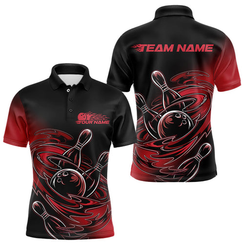 Custom Striking Black And Red Flame Bowling Polo Shirts For Men, Red Bowling Jerseys IPHW8042