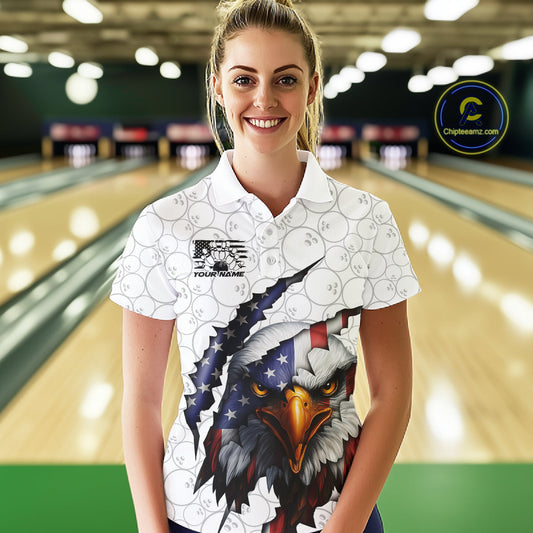 Custom Patriotic Eagle Women Bowling Team Shirt, US Flag Eagle Bowling League Shirt IPHW10190