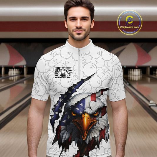 Custom Patriotic Eagle Men Bowling Team Shirt, US Flag Eagle Bowling League Shirt IPHW10190