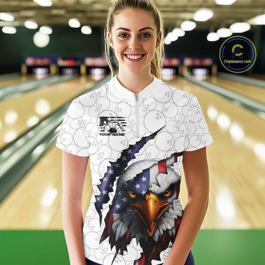 Custom Patriotic Eagle Women Bowling Team Shirt, US Flag Eagle Bowling League Shirt IPHW10190