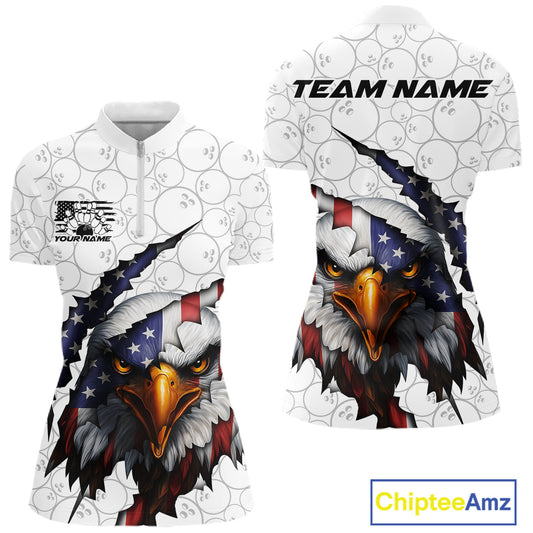 Custom Patriotic Eagle Women Bowling Team Shirt, US Flag Eagle Bowling League Shirt IPHW10190
