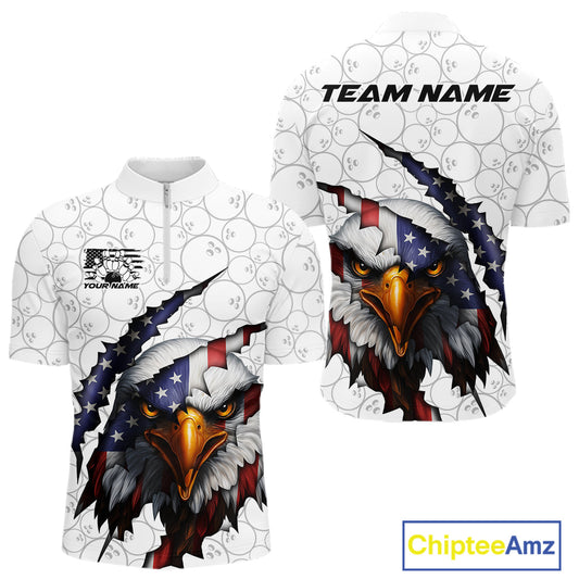 Custom Patriotic Eagle Men Bowling Team Shirt, US Flag Eagle Bowling League Shirt IPHW10190