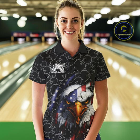 Custom Patriotic Eagle Women Bowling Team Shirt, US Flag Eagle Bowling League Shirt IPHW10191