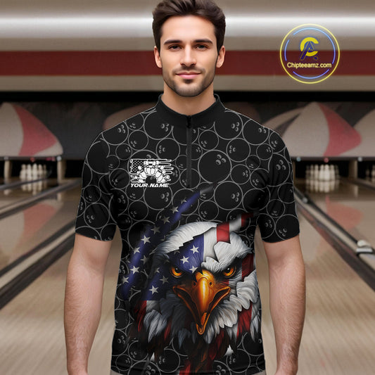 Custom Patriotic Eagle Men Bowling Team Shirt, US Flag Eagle Bowling League Shirt IPHW10191