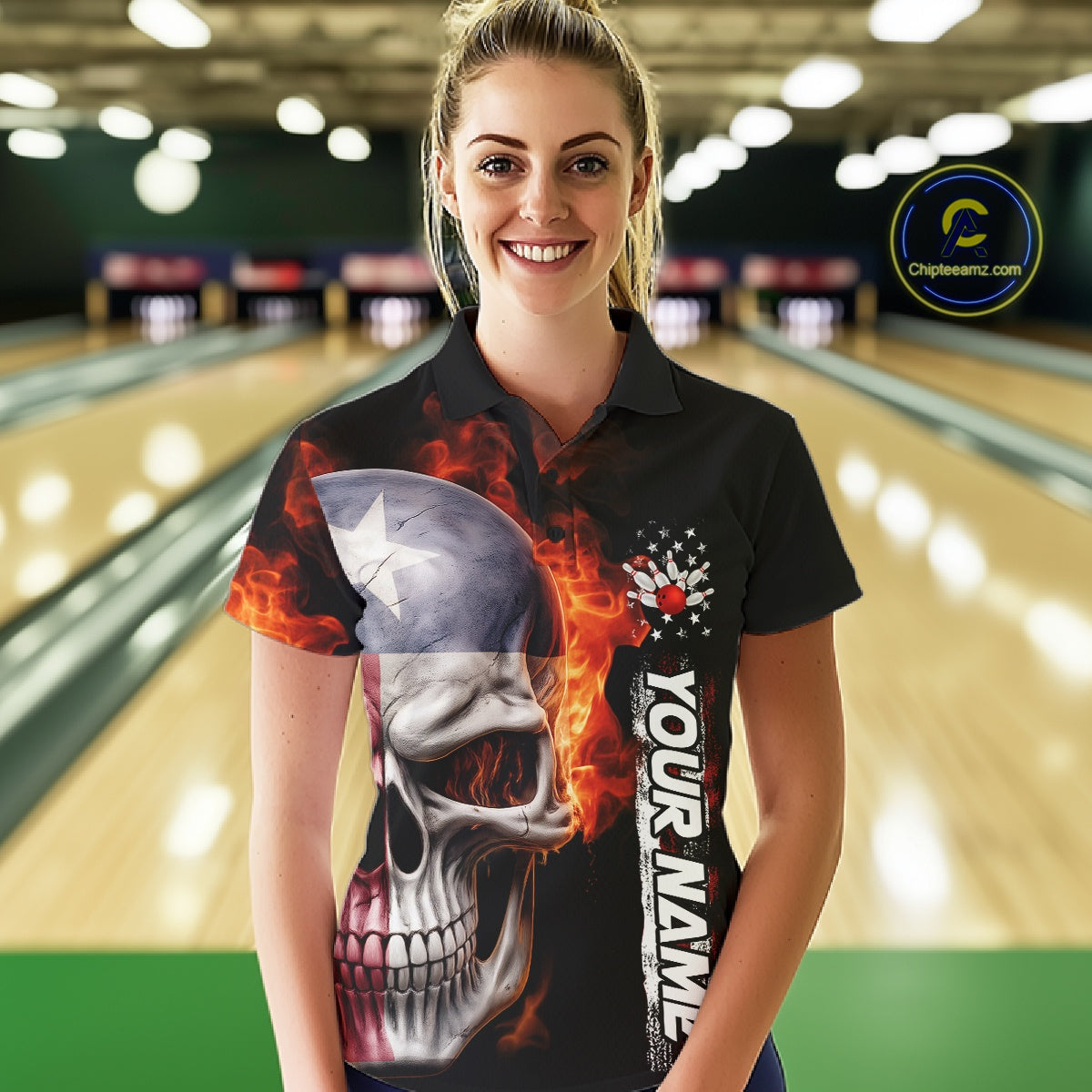 Custom Flame Skull American Texas Flag Women Bowling Team Shirt, Patriotic Bowling Jerseys IPHW10635