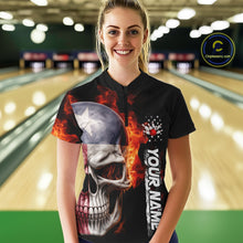 Load image into Gallery viewer, Custom Flame Skull American Texas Flag Women Bowling Shirt, Patriotic Bowling Jerseys IPHW10635