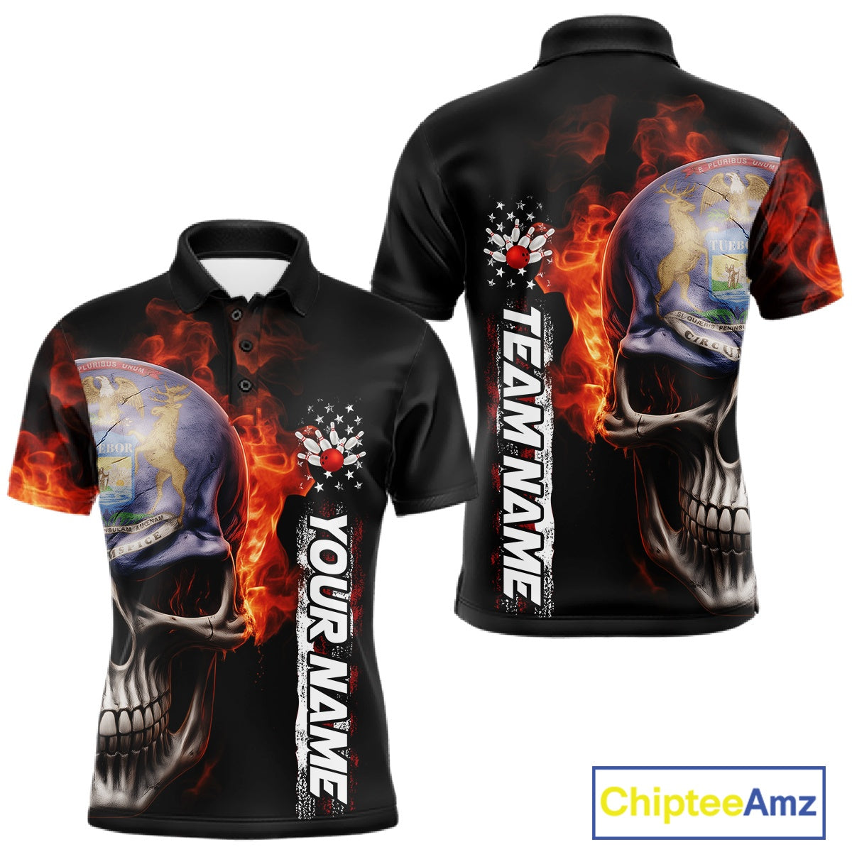 Custom Flame Skull American Michigan Flag Men Bowling Team Shirt, Patriotic Bowling Jersey IPHW10636