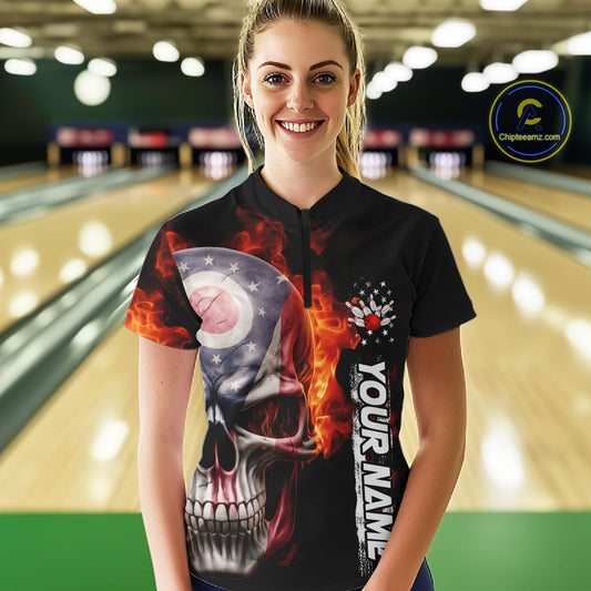 Custom Flame Skull American Ohio Flag Women Bowling Team Shirt, Patriotic Bowling Jersey IPHW10637