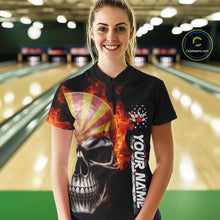 Load image into Gallery viewer, Custom Flame Skull American Arizona Flag Women Bowling Shirt, Patriotic Bowling Jersey IPHW10638