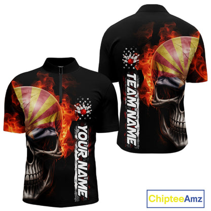 Custom Flame Skull American Arizona Flag Men Bowling Team Shirt, Patriotic Bowling Jersey IPHW10638