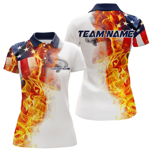 Flame American Flag Custom Polo Shirts For Women, Patriotic Bowling Team Jersey IPHW5984