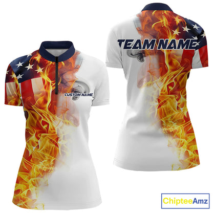 Flame American Flag Custom Quarter-Zip Shirts For Women, Patriotic Bowling Team Jersey IPHW5984