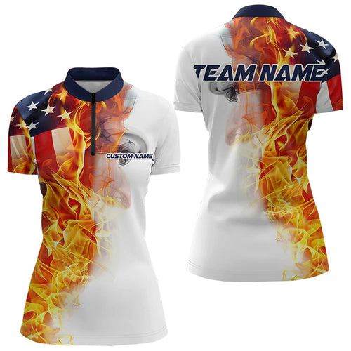 Flame American Flag Custom Quarter-Zip Shirts For Women, Patriotic Bowling Team Jersey IPHW5984