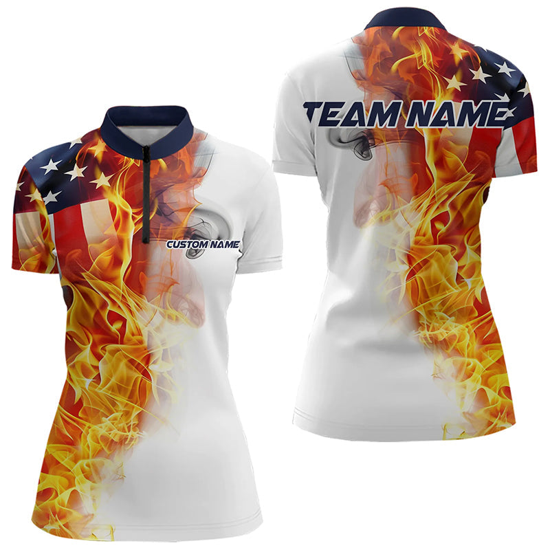 Flame American Flag Custom Quarter-Zip Shirts For Women, Patriotic Bowling Team Jersey IPHW5984