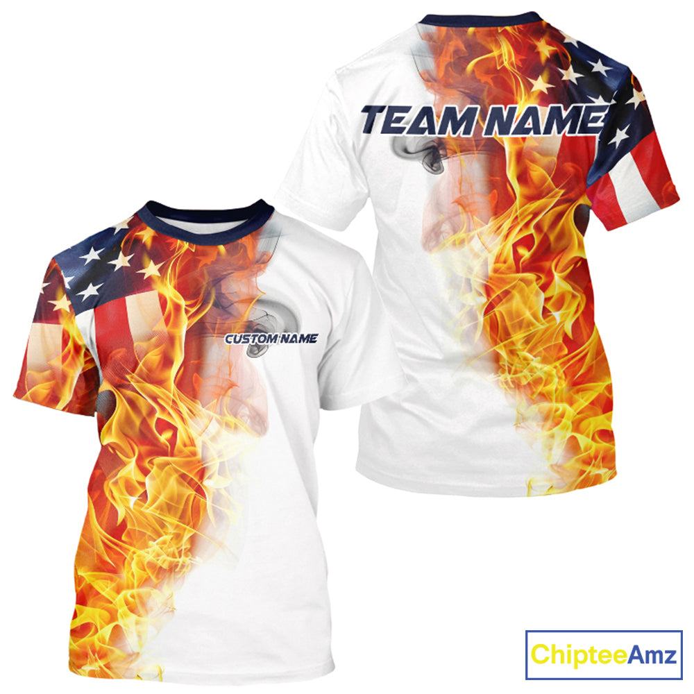 Flame American Flag Custom T-Shirts For Men, Patriotic Bowling Team Jersey IPHW5984
