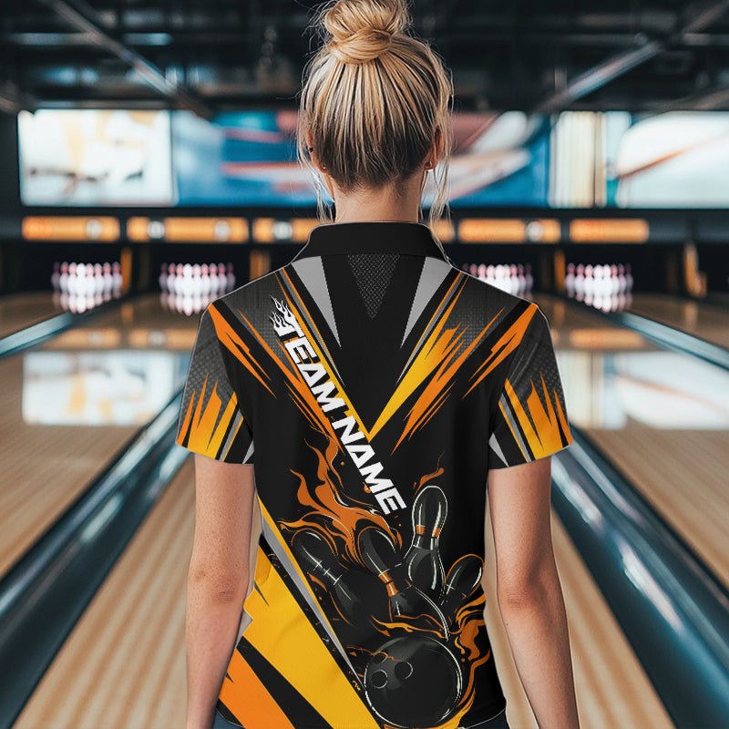 Custom Black And Yellow Flame Bowling Women Quarter-Zip Shirts, Bowling Tournament Outfit IPHW8774