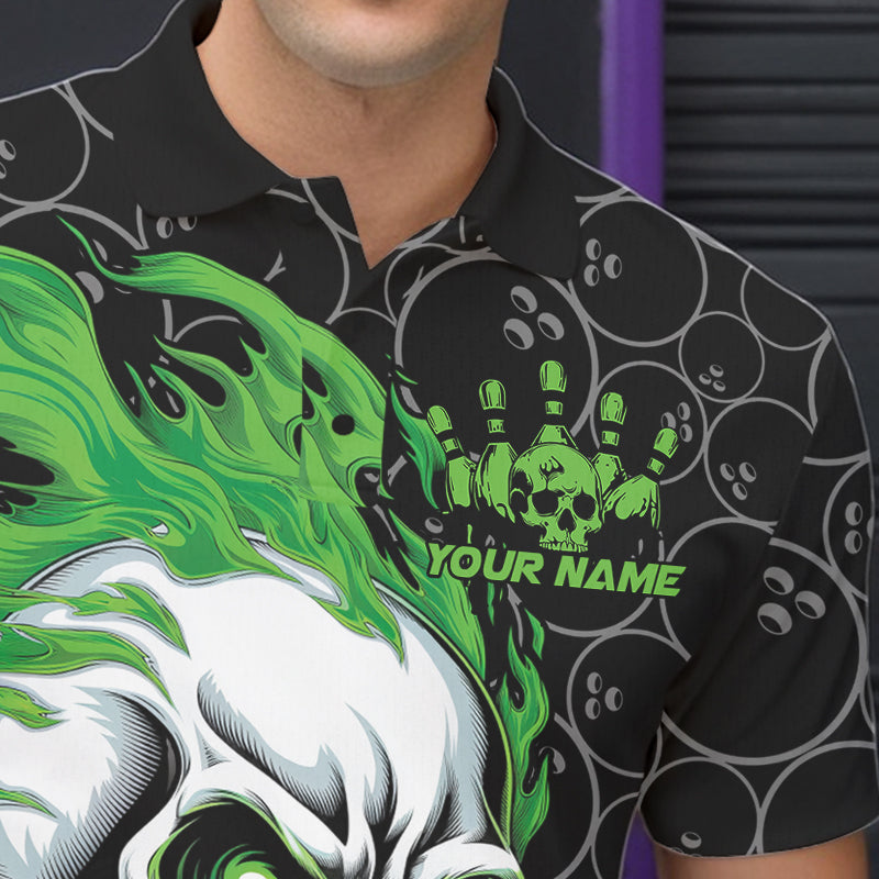 Custom Black And Green Flame Skull Bowling Men Polo Shirts, Skull Halloween Bowling Outfit IPHW8775
