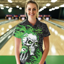 Load image into Gallery viewer, Custom Black And Green Flame Skull Bowling Women Polo Shirts, Halloween Bowling Outfit IPHW8775