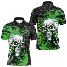 Load image into Gallery viewer, Custom Black And Green Flame Skull Bowling Men Polo Shirts, Skull Halloween Bowling Outfit IPHW8775