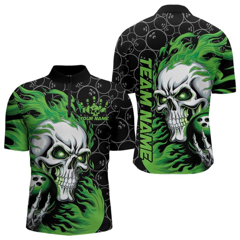 Custom Black And Green Flame Skull Bowling Men Quarter-Zip Shirts, Skull Halloween Bowling Outfit IPHW8775