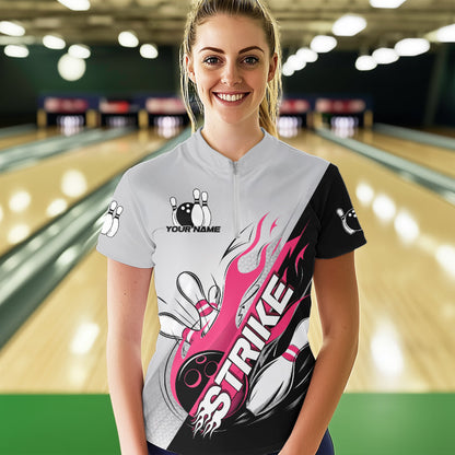 Custom Pink Flame Strike Bowling Women Quarter-Zip Shirt, Team Uniform Bowling League Shirt IPHW8778