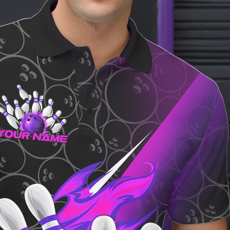 Custom Black And Blue Purple Flame Strike Bowling Men Polo Shirts, Bowling Ball Pattern Shirt IPHW8782