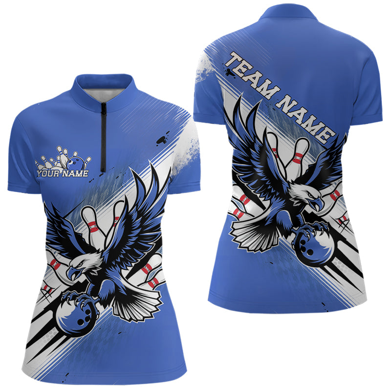 Custom Blue Bowling Jerseys, Eagle Bowling Women Quarter-Zip Shirts Team Bowlers Uniform IPHW8789