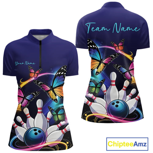 Custom Colorful Butterfly Bowling Women Quarter-Zip Shirts With Team Name, Bowlers Outfit IPHW9012