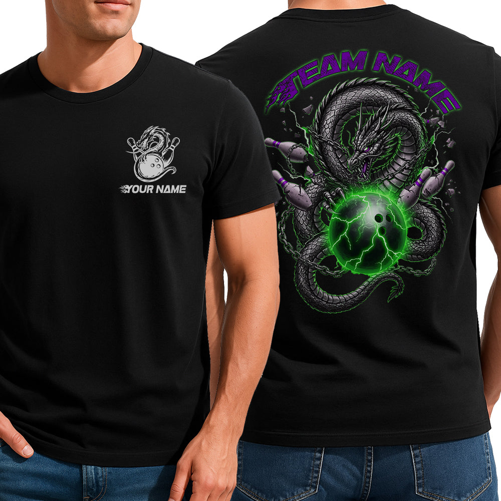 Custom Purple And Green Lightning Dragon Bowling T-Shirts For Men, Unique Bowlers Outfit IPHW9062