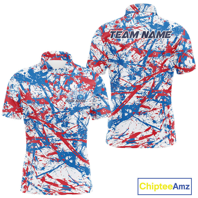 Custom Red, White And Blue Splatter Patriotic Bowling Polo Team Shirts For Men IPHW9263
