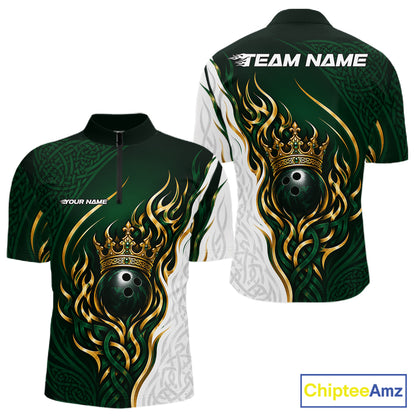 Custom White And Green Irish Tribal Pattern Bowling Ball With Crown Men Quarter Zip Team Shirt IPHW11697