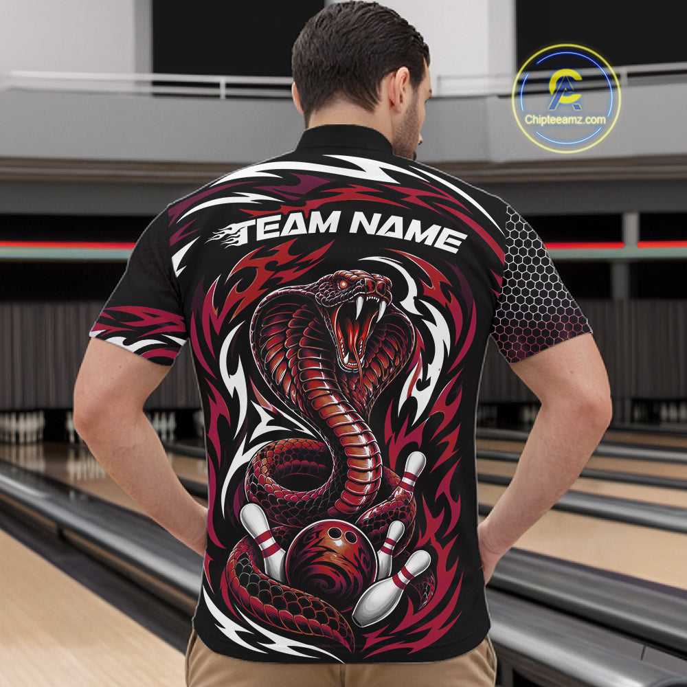 Custom Black And Red Tribal Cobra Snake Bowling Jerseys Bowling Men Quarter Zip Shirt IPHW11713