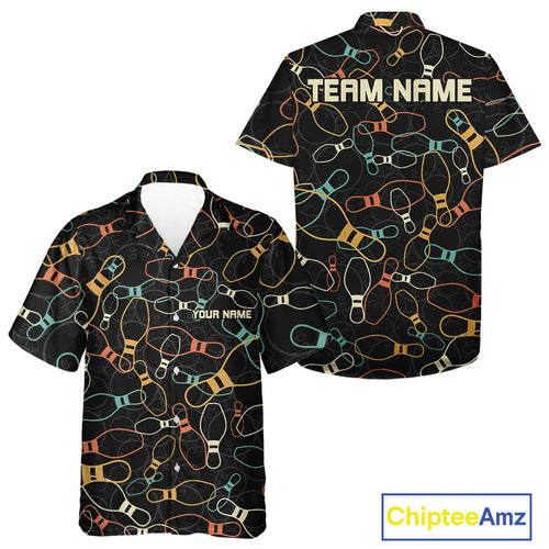 Custom Retro Style Bowling Pattern Button Up Shirt, Vintage Bowling Hawaiian Team Shirt IPHW10077