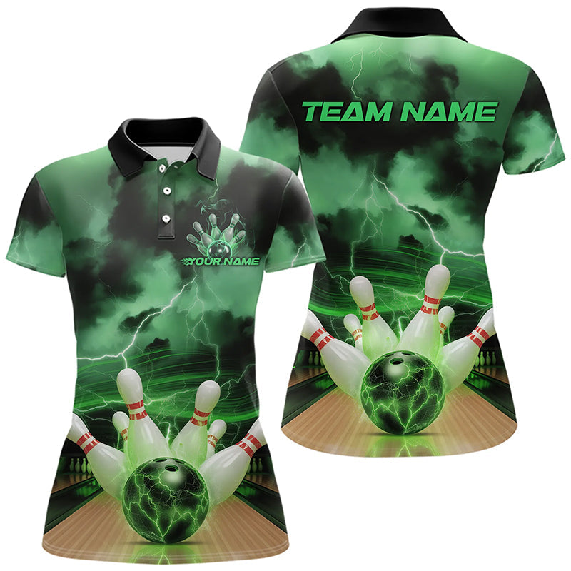 Green Thunder Lightning Custom Bowling Polo Shirts For Women, Bowling League Shirt Outfits IPHW8058