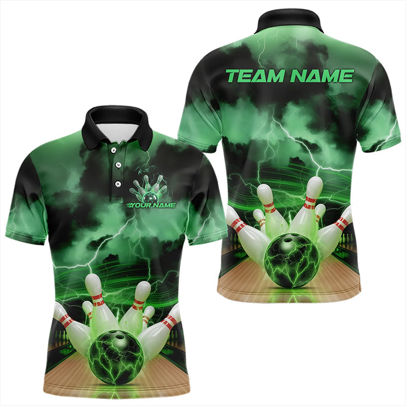Green Thunder Lightning Custom Bowling Polo Shirts For Men, Bowling League Shirt Outfits IPHW8058