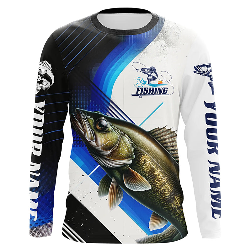 Custom Walleye Fishing Jerseys, Walleye Long Sleeve Tournament Fishing Shirts | Blue IPHW6284