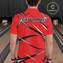 Load image into Gallery viewer, Back view of a male bowler wearing a red, black, and white bowling polo shirt in a bowling lane