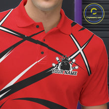 Load image into Gallery viewer, Close-up of the left chest area on a bowling polo shirt featuring a red, black, and white sporty jersey design