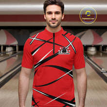 Load image into Gallery viewer, Front view of a male bowler in a bowling alley wearing a red, black, and white bowling quarter-zip shirt with an athletic jersey pattern