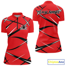 Load image into Gallery viewer, Front and back view of a women s bowling quarter zip shirt mockup with a red, black, and white sporty bowling jersey design
