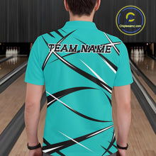 Load image into Gallery viewer, Back view of a male bowler in a bowling alley wearing a turquoise blue, black, and white bowling polo shirt with an athletic jersey pattern