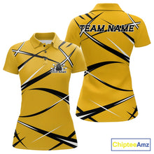 Load image into Gallery viewer, Front and back view of a women's bowling polo shirt mockup showcasing a yellow, black, and white athletic jersey pattern