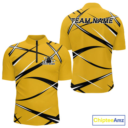 Front and back mockup of a men's quarter zip bowling shirt in yellow, black, and white with a custom name.
