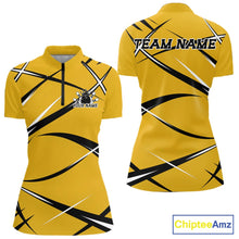 Load image into Gallery viewer, Front and back view of a women s bowling quarter zip shirt mockup featuring a yellow, black, and white sporty bowling jersey design