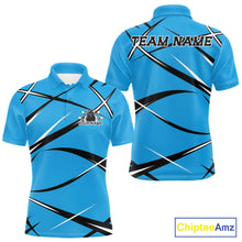 Load image into Gallery viewer, Men's bowling polo shirt mockup with front and back views, personalized name, and blue, black, and white jersey graphics
