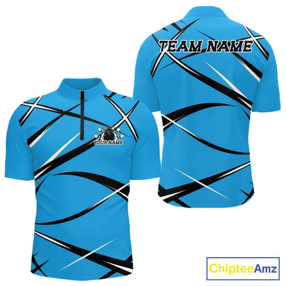Men's bowling quarter-zip shirt mockup showing front and back views with a custom name and blue, black, and white jersey pattern
