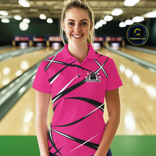 Load image into Gallery viewer, Front view of a female bowler in a bowling alley wearing a pink, black, and white bowling polo shirt with a sporty jersey design