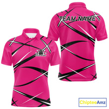Load image into Gallery viewer, Front and back view of a men s bowling polo shirt mockup showcasing a pink, black, and white performance jersey design