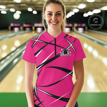 Load image into Gallery viewer, Front view of a female bowler wearing a pink, black, and white bowling quarter zip shirt in a bowling alley